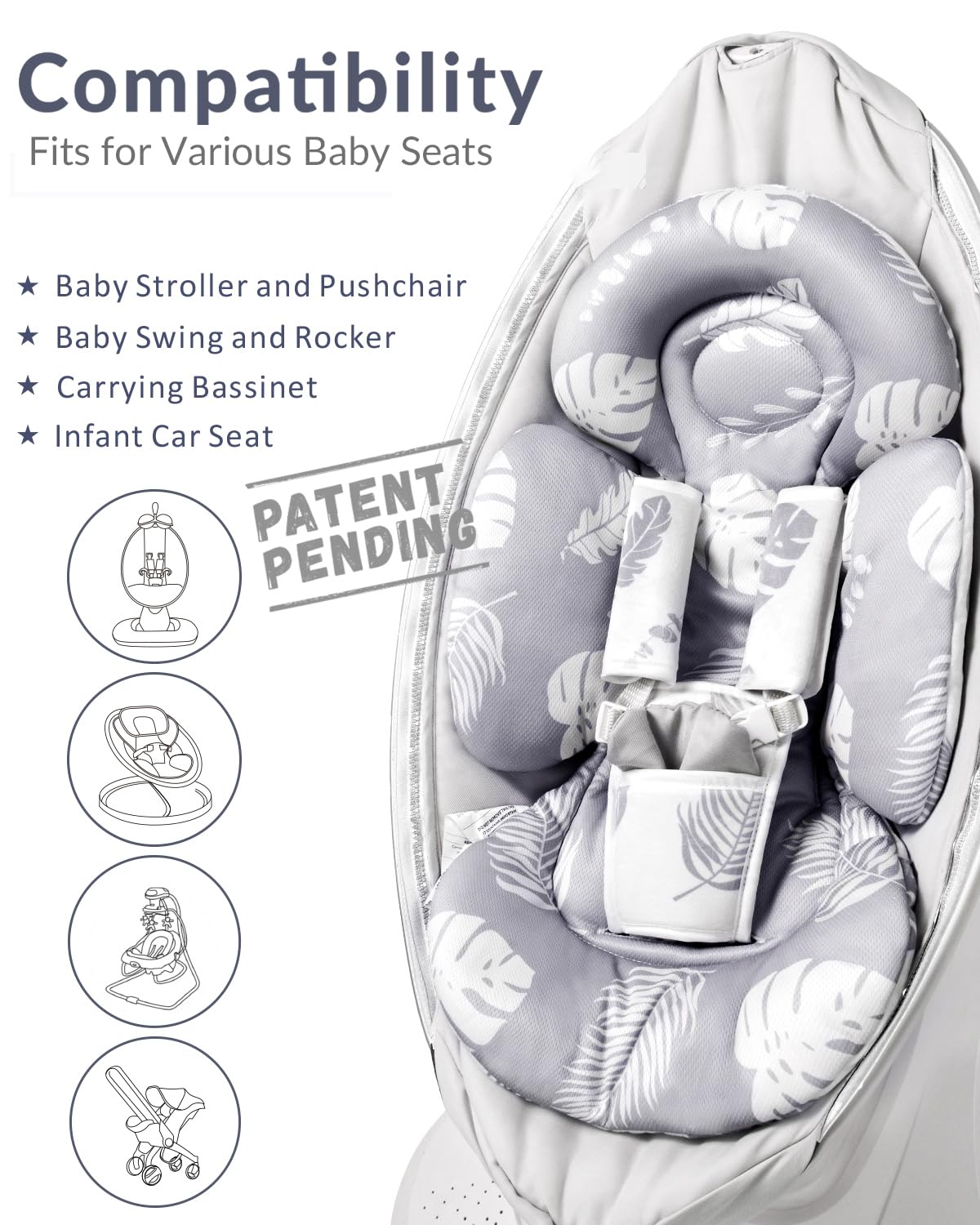 Breathable mesh back on Generic Infant Seat Insert keeps baby cool in Grey Leaf
