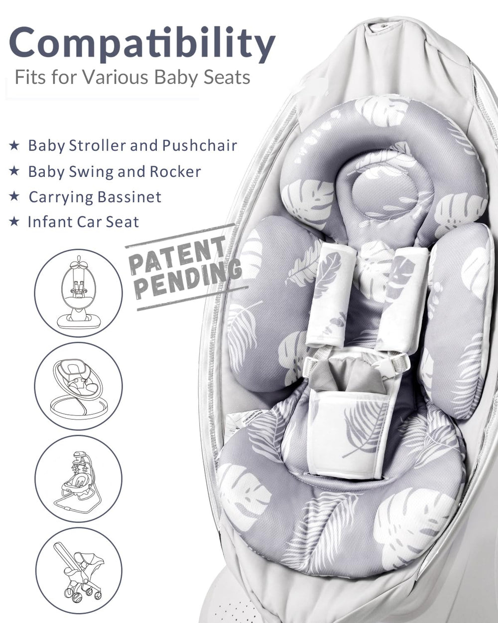 Breathable mesh back on Generic Infant Seat Insert keeps baby cool in Grey Leaf