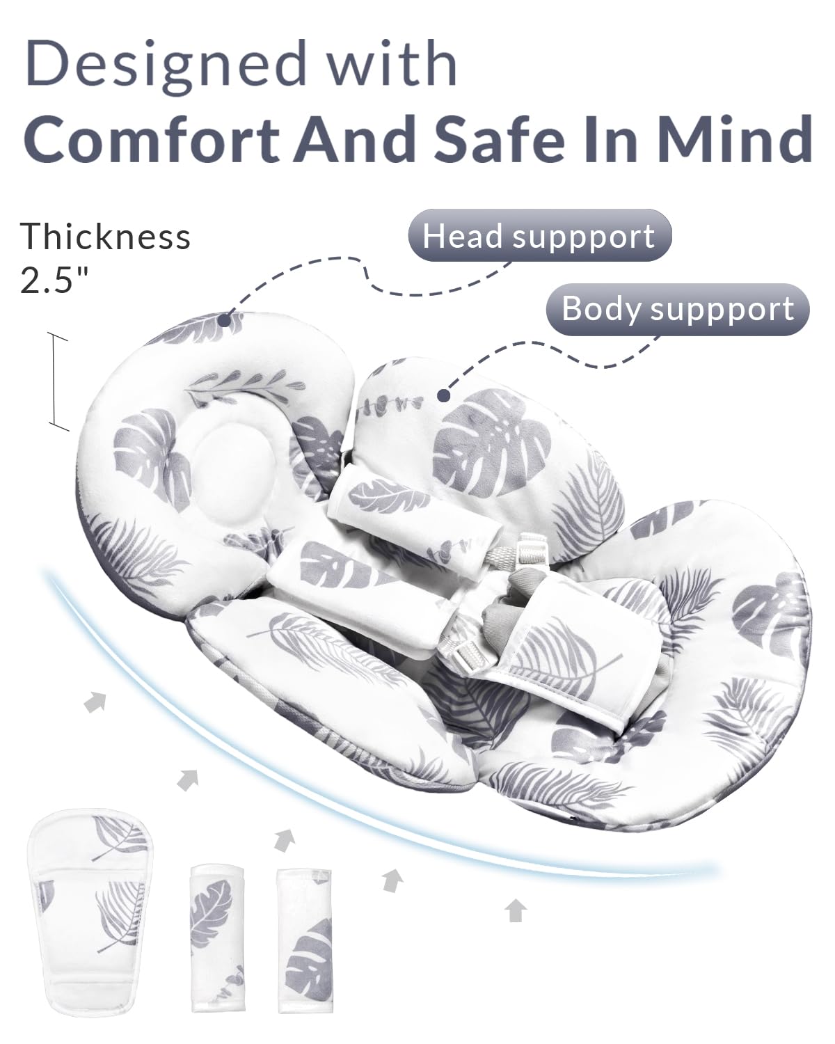 Buckle cover included with Generic Infant Seat Insert for harness safety in Grey Leaf