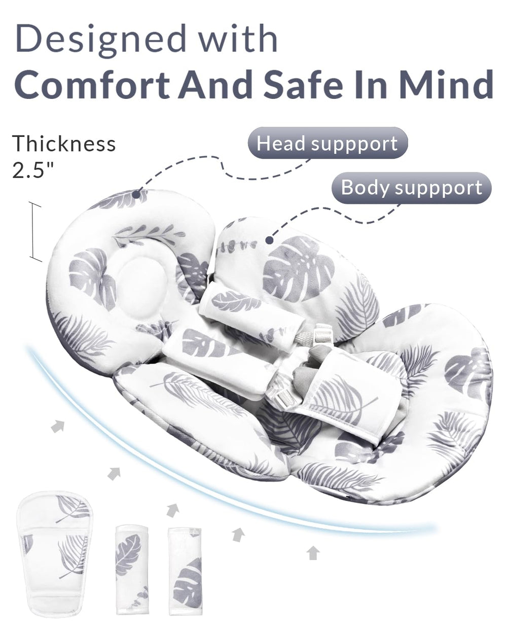 Buckle cover included with Generic Infant Seat Insert for harness safety in Grey Leaf