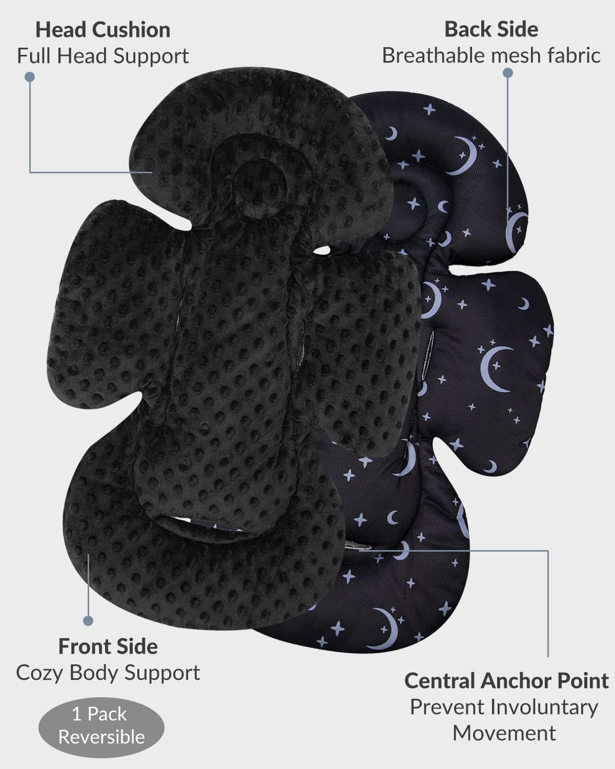 Generic infant seat insert includes belt covers and crotch pad.