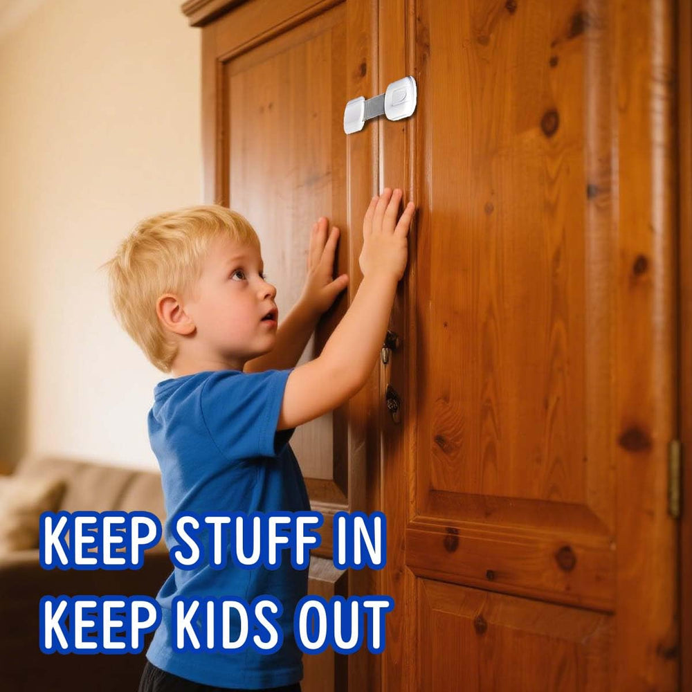 Generic kitchen cabinet door lock with adhesive backing for easy setup.