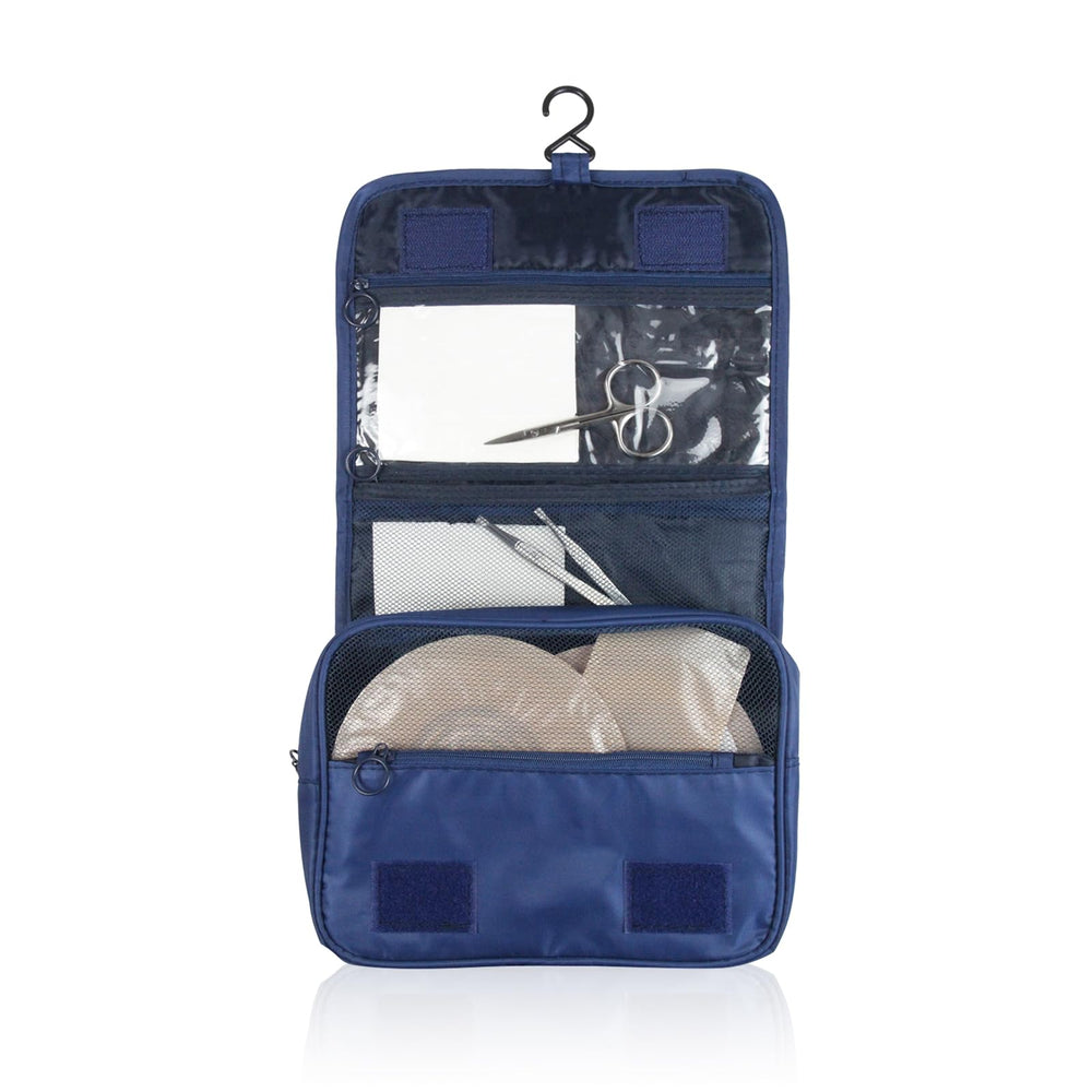 Generic ostomy travel bag hanging-setup: secure, space-saving storage in small bathrooms.