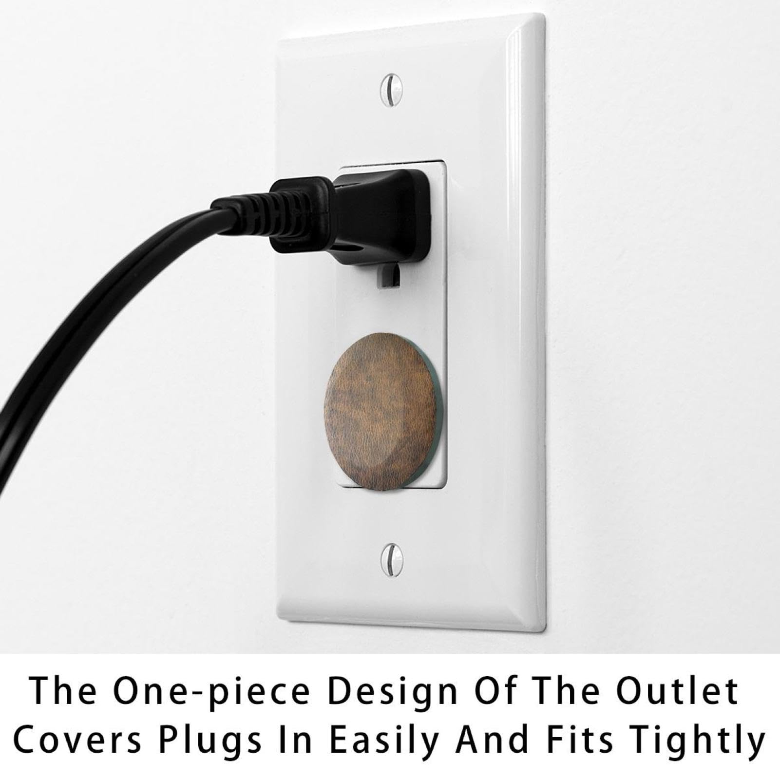 Close-up of snug-fitting brown leather outlet cover for secure use.