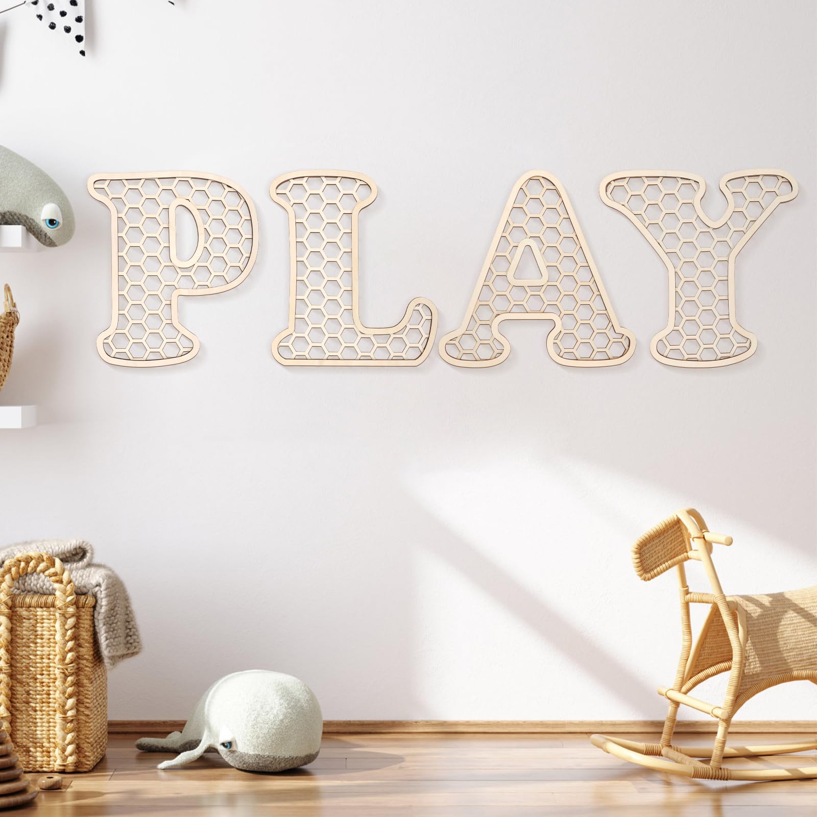 Generic Play Sign with four wooden rattan letters for charming nursery wall decor.