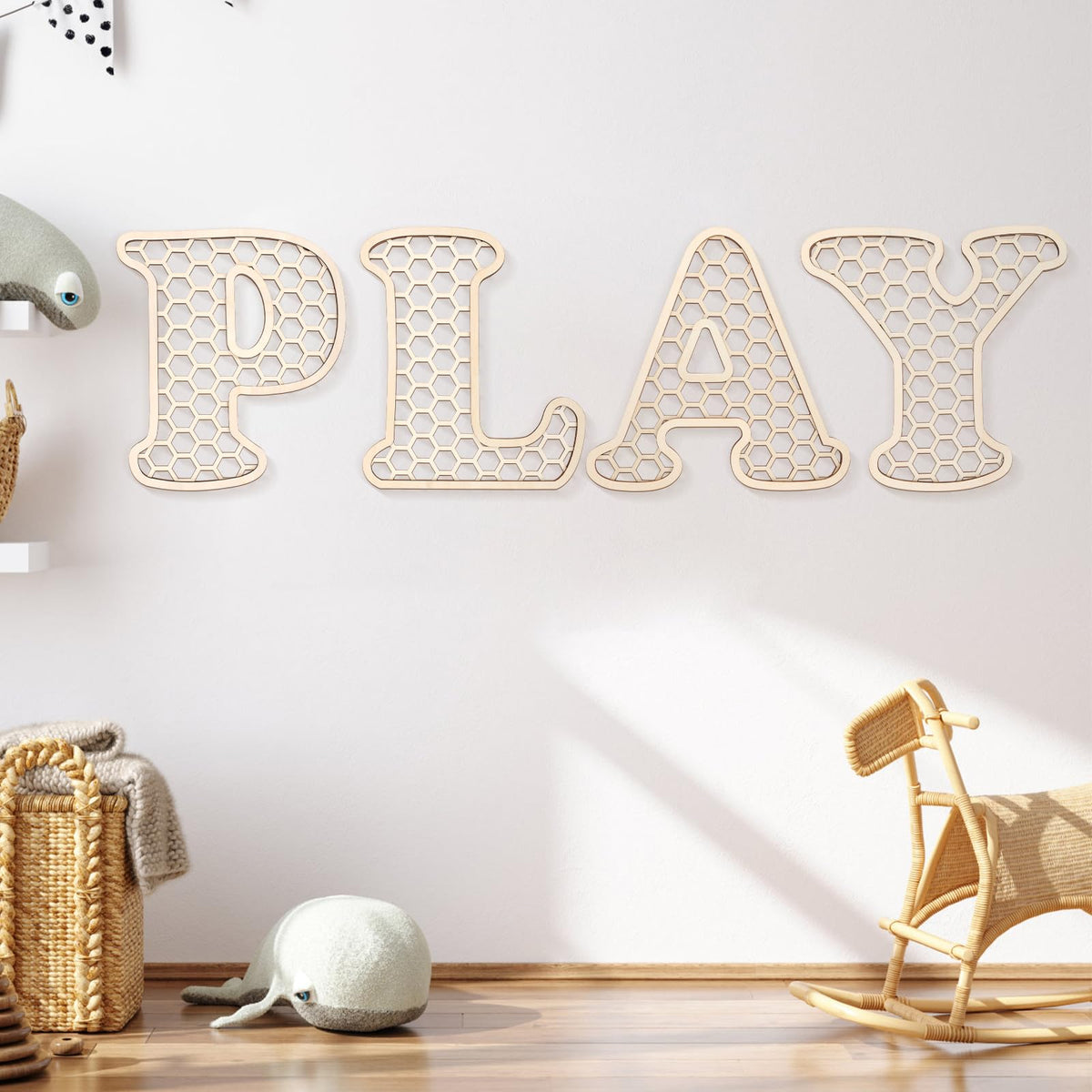 Generic Play Sign with four wooden rattan letters for charming nursery wall decor.