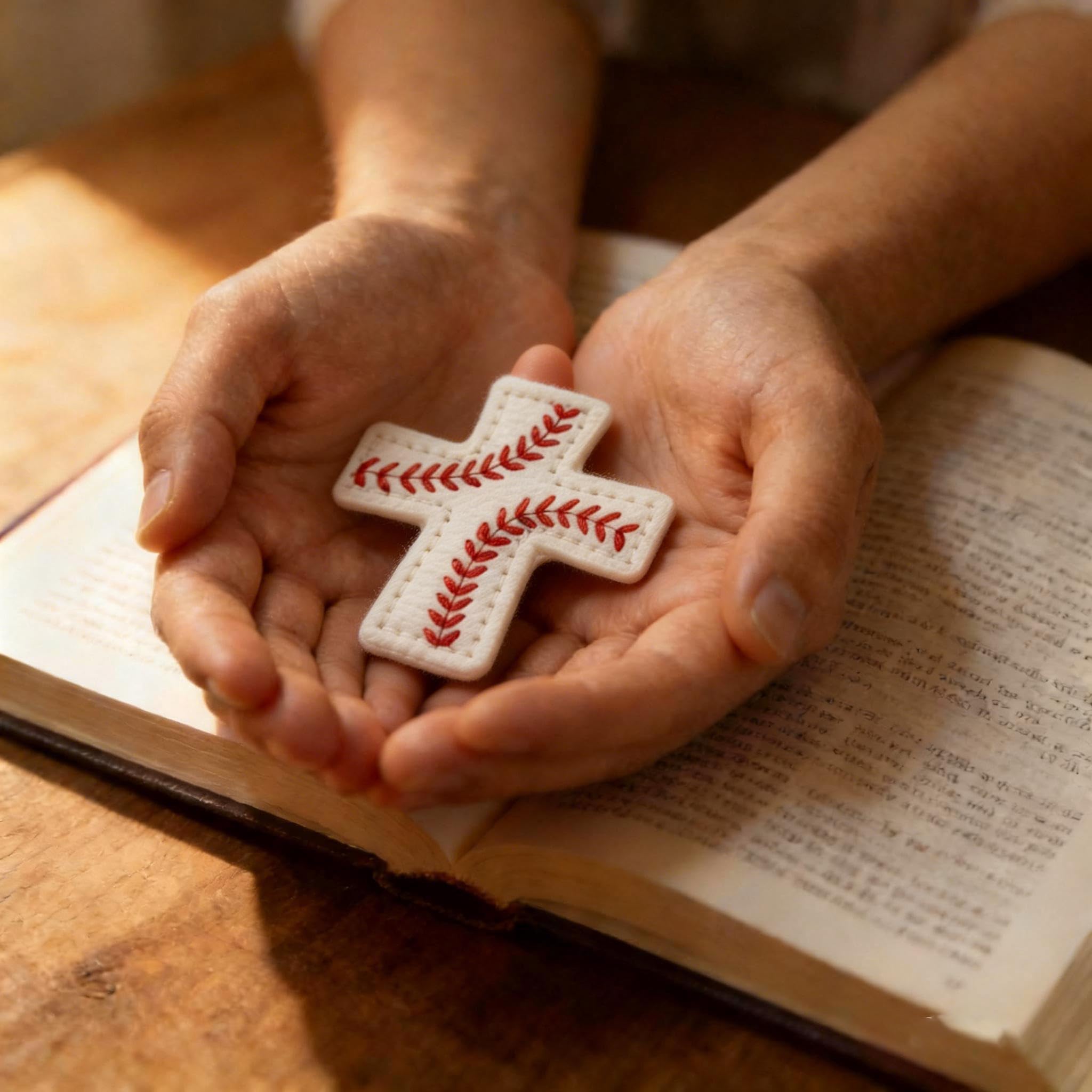 Generic Pocket Blessing Baseball Cross in bag—compact faith companion for practice or game day.
