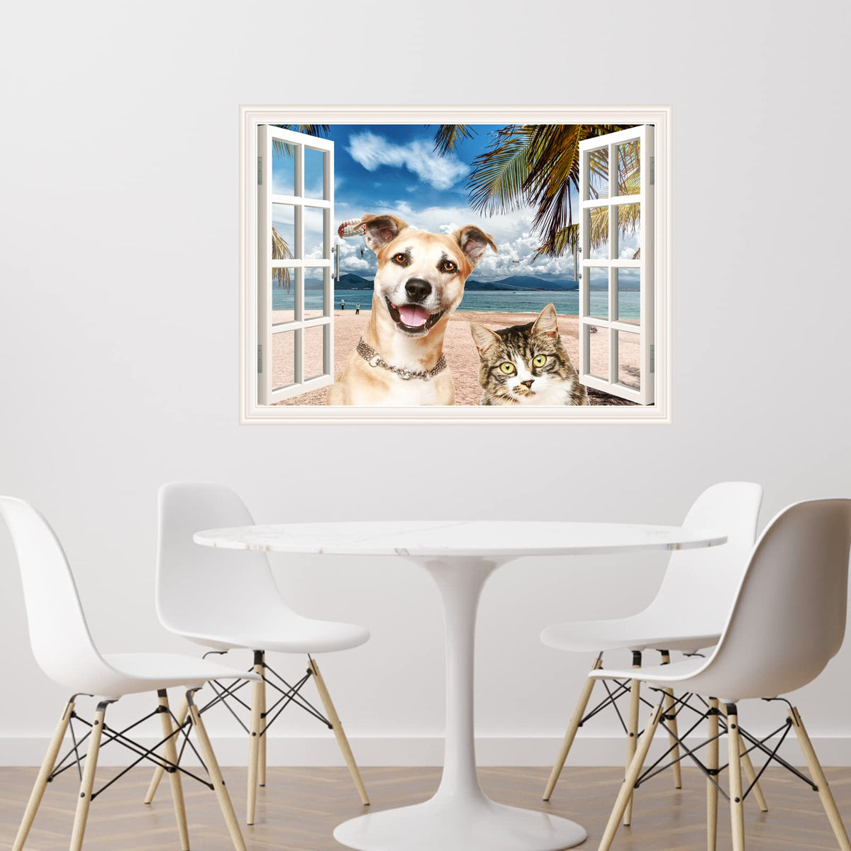 Generic removable window decals with dog-cat 3D view for playful, safe wall art.