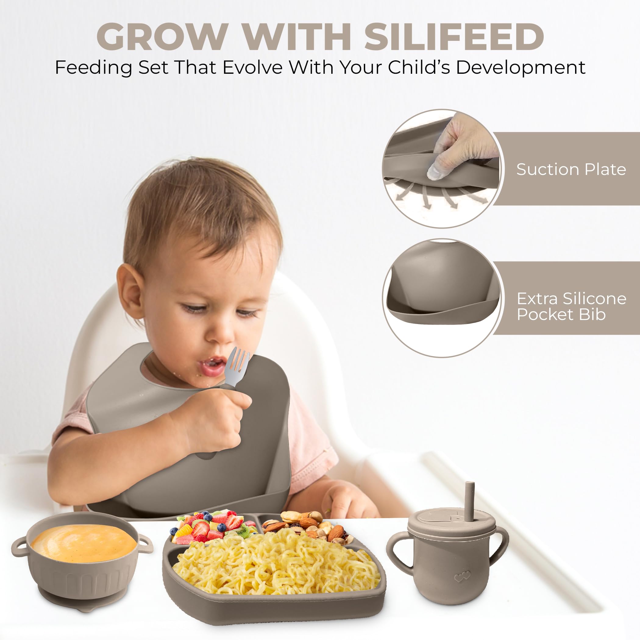 Generic SiliFeed waterproof bib catches crumbs and drips for quick cleanup