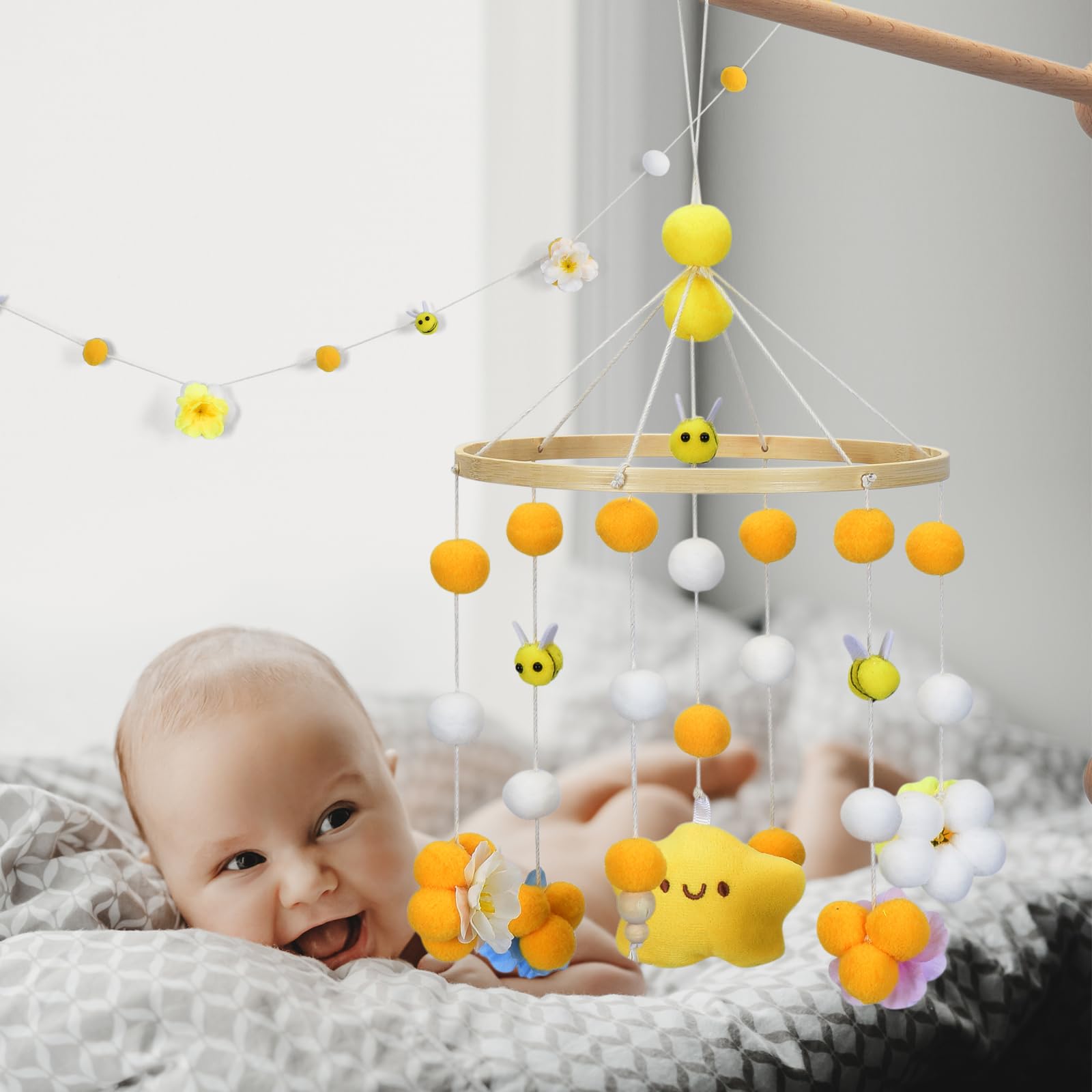Generic soft felt pieces hang to create a tactile focal point