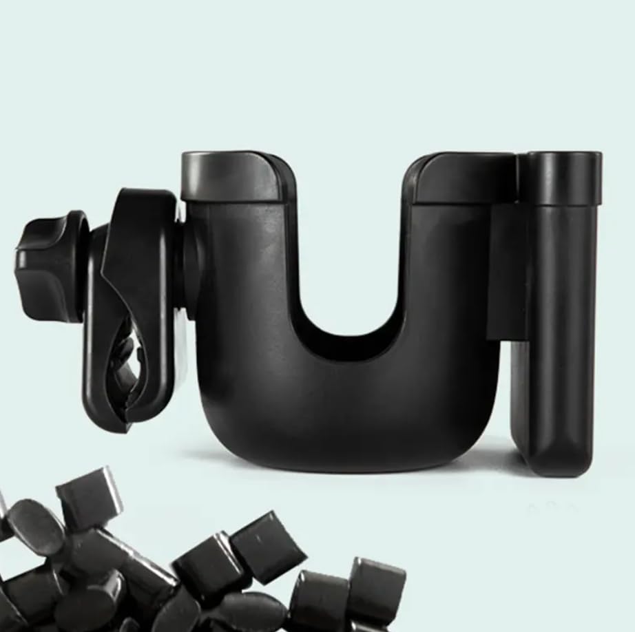 Generic stroller cup holder with built in phone case for quick checks on the go.
