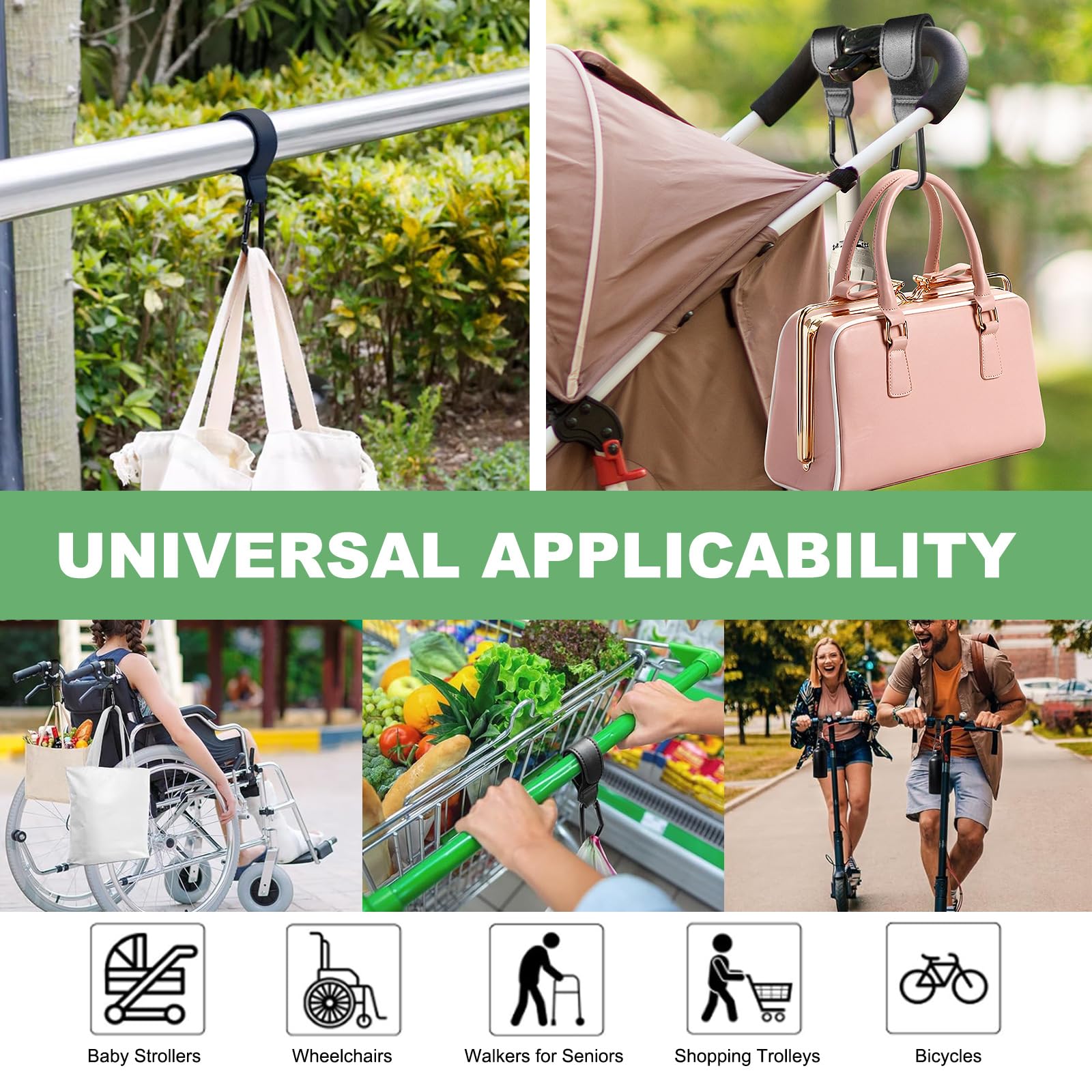 Generic Stroller Hooks fit most stroller handles and can attach to wheelchairs and carts.