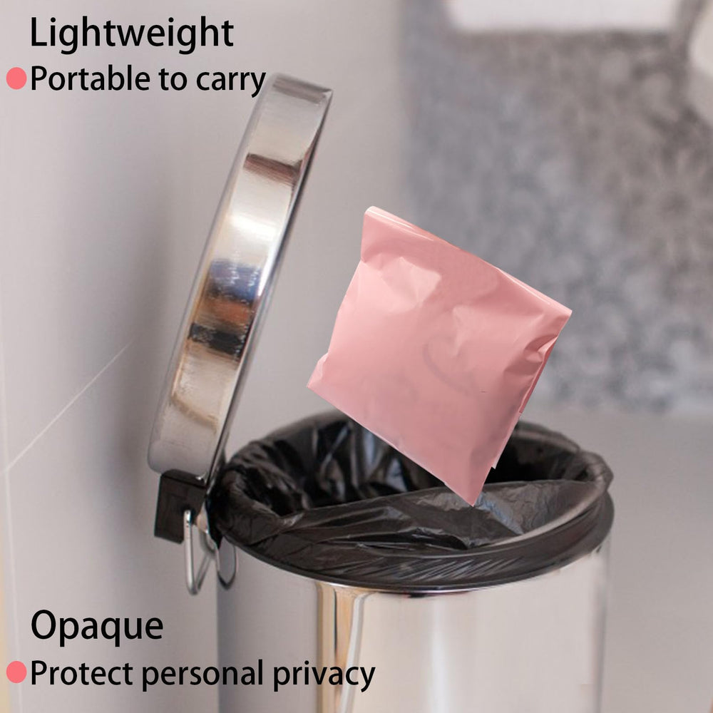 Generic tampons, pads, and liners fit easily into pink disposal bags.
