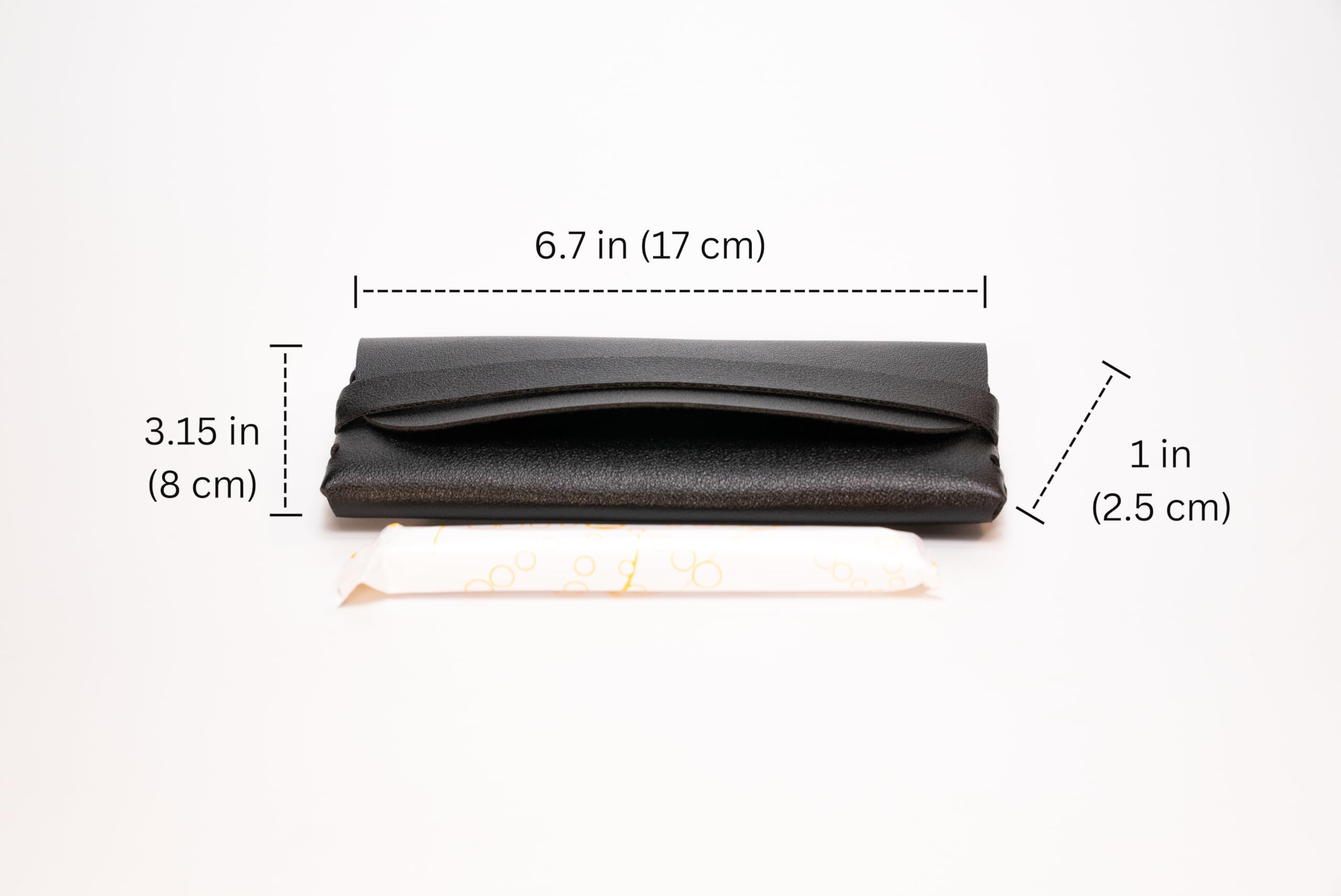 Generic TAMPONCASE fold-over closure in black secures contents on the go.
