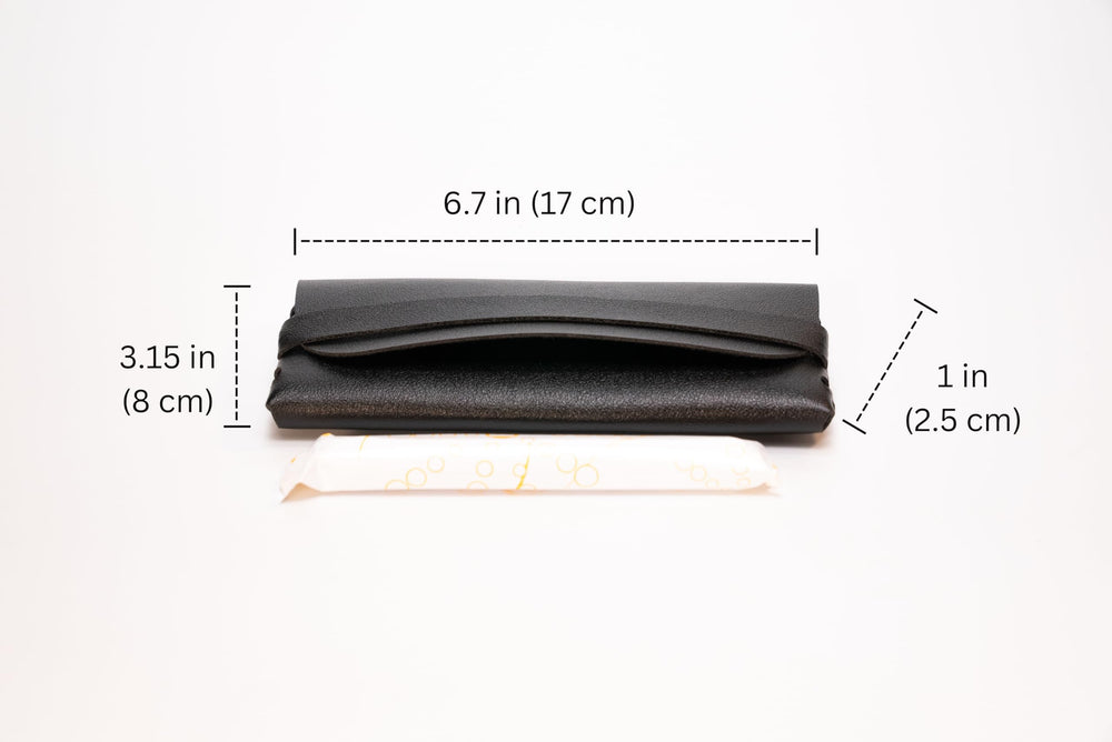 Generic TAMPONCASE fold-over closure in black secures contents on the go.