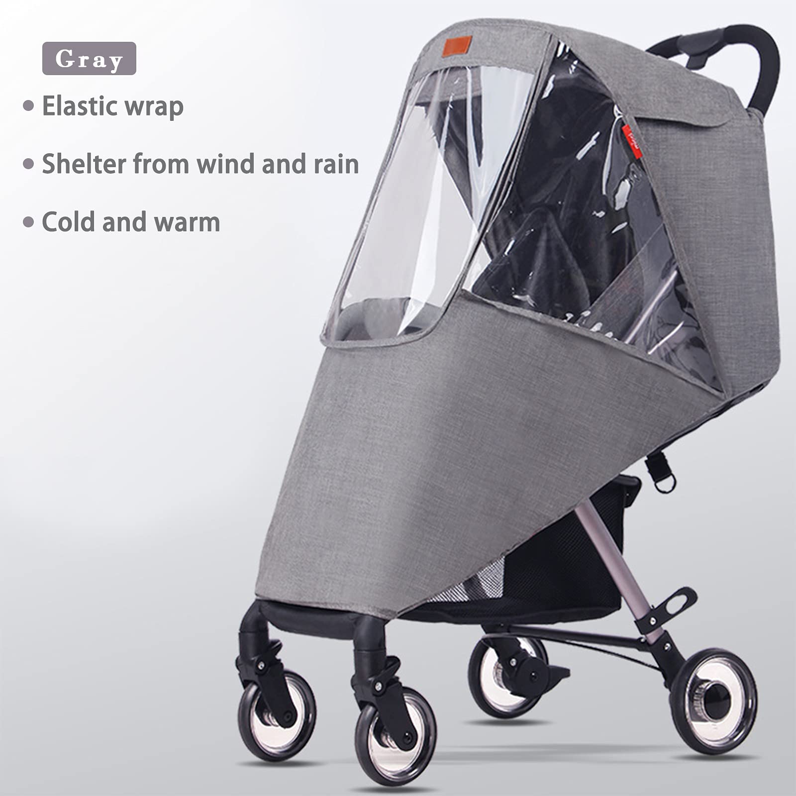 Generic universal stroller rain cover side view showing flexible edges for quick fitting.