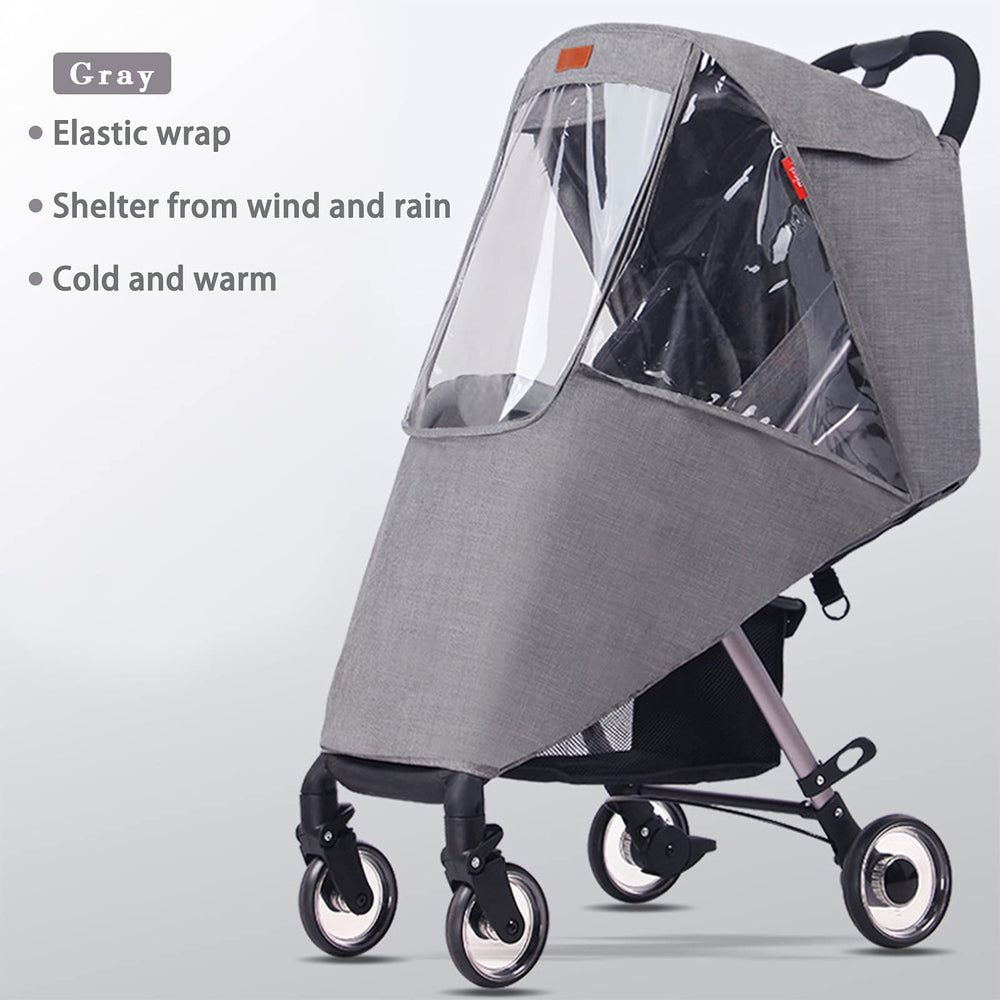 Generic universal stroller rain cover side view showing flexible edges for quick fitting.