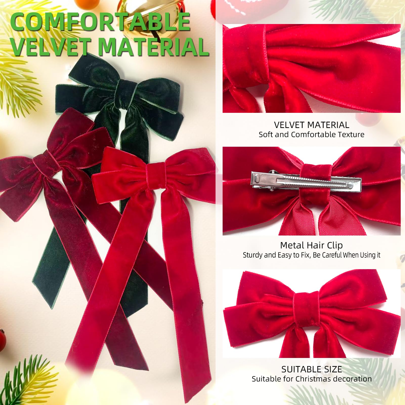Generic Velvet Bows Clip Red side view showing gentle grip for all-day wear