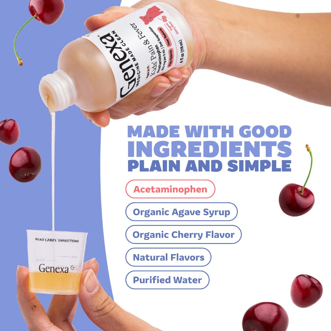 Genexa acetaminophen liquid shows age range 2–11 on the label for proper use.