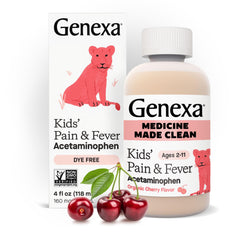 Genexa Children's Clean Acetaminophen liquid bottle highlights dye-free formula for kid pain and fever relief.