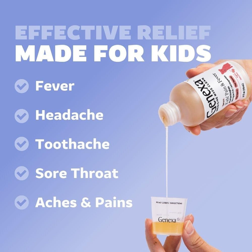 Genexa cherry-flavored liquid bottle designed for quick, kid-friendly dosing.