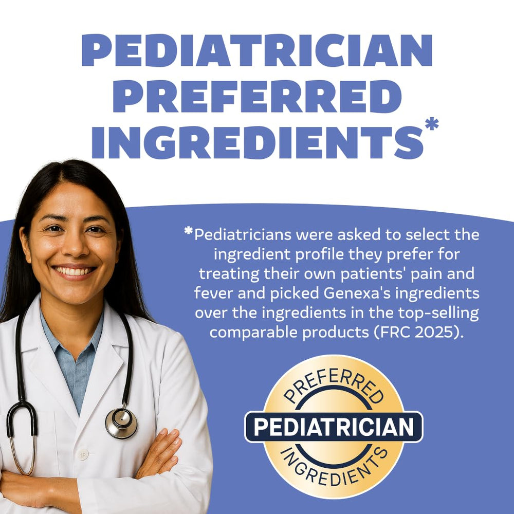 Genexa liquid label emphasizes pediatrician-preferred ingredients and dye-free composition.
