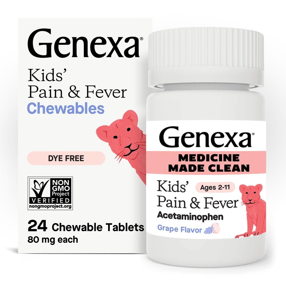 Genexa Kids Clean Pain & Fever bottle with grape chewables for easy dosing.