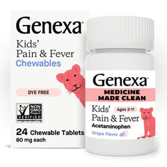 Genexa Kids Clean Pain & Fever bottle with grape chewables for easy dosing.
