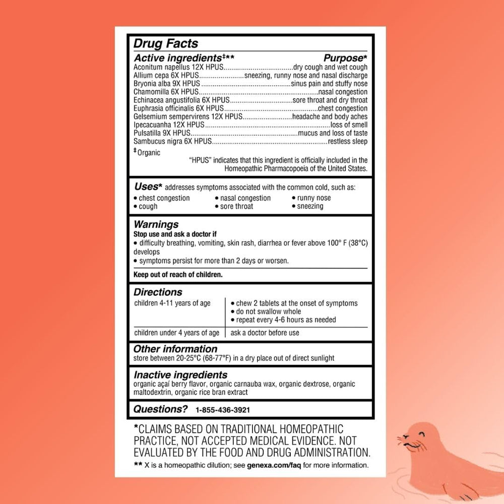 Genexa Kids Cold Crush certifications emphasizing organic, gluten-free, and non-GMO standards.
