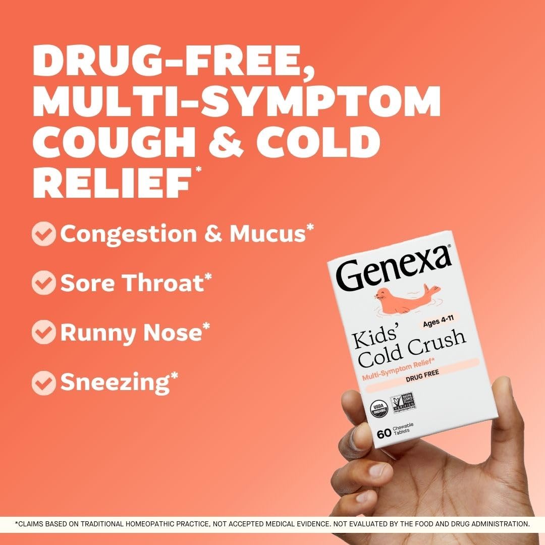 Genexa Kids Cold Crush chewable tablet close-up showing kid-friendly design.