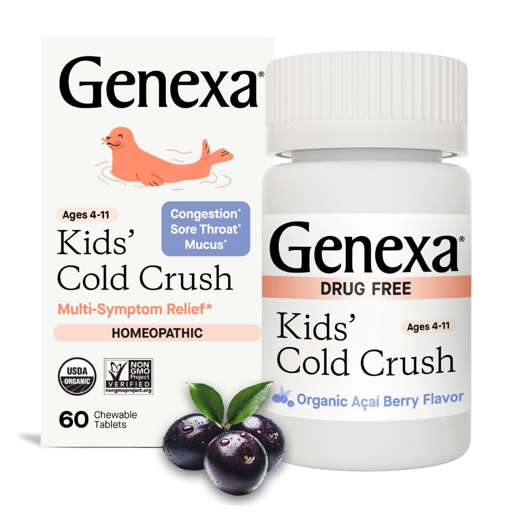 Genexa Kids Cold Crush front packaging highlighting organic, non-GMO relief for children.