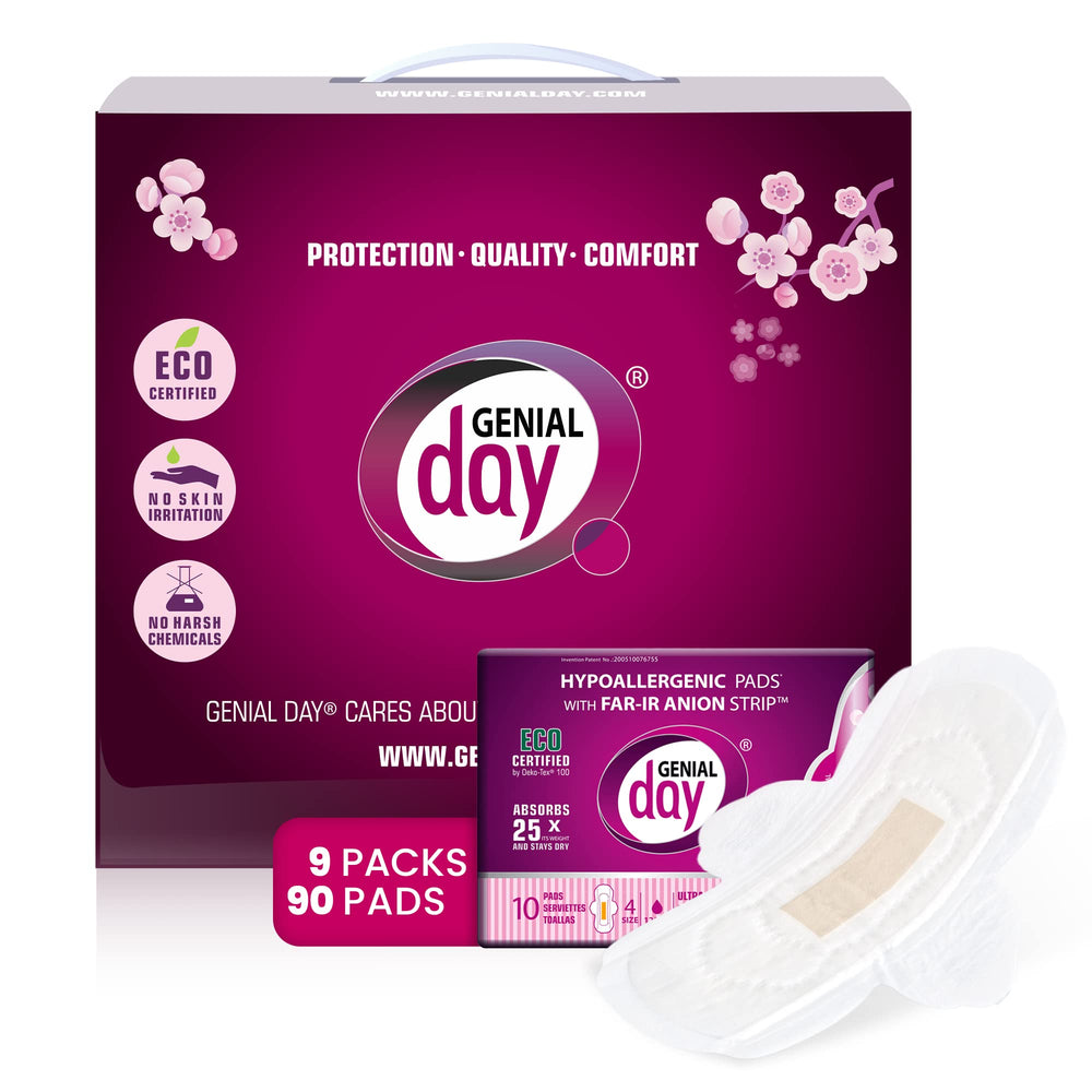 GENIAL DAY hypoallergenic regular flow pad with ultra-thin wings for discreet daily protection.