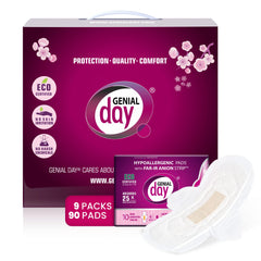 GENIAL DAY hypoallergenic regular flow pad with ultra-thin wings for discreet daily protection.