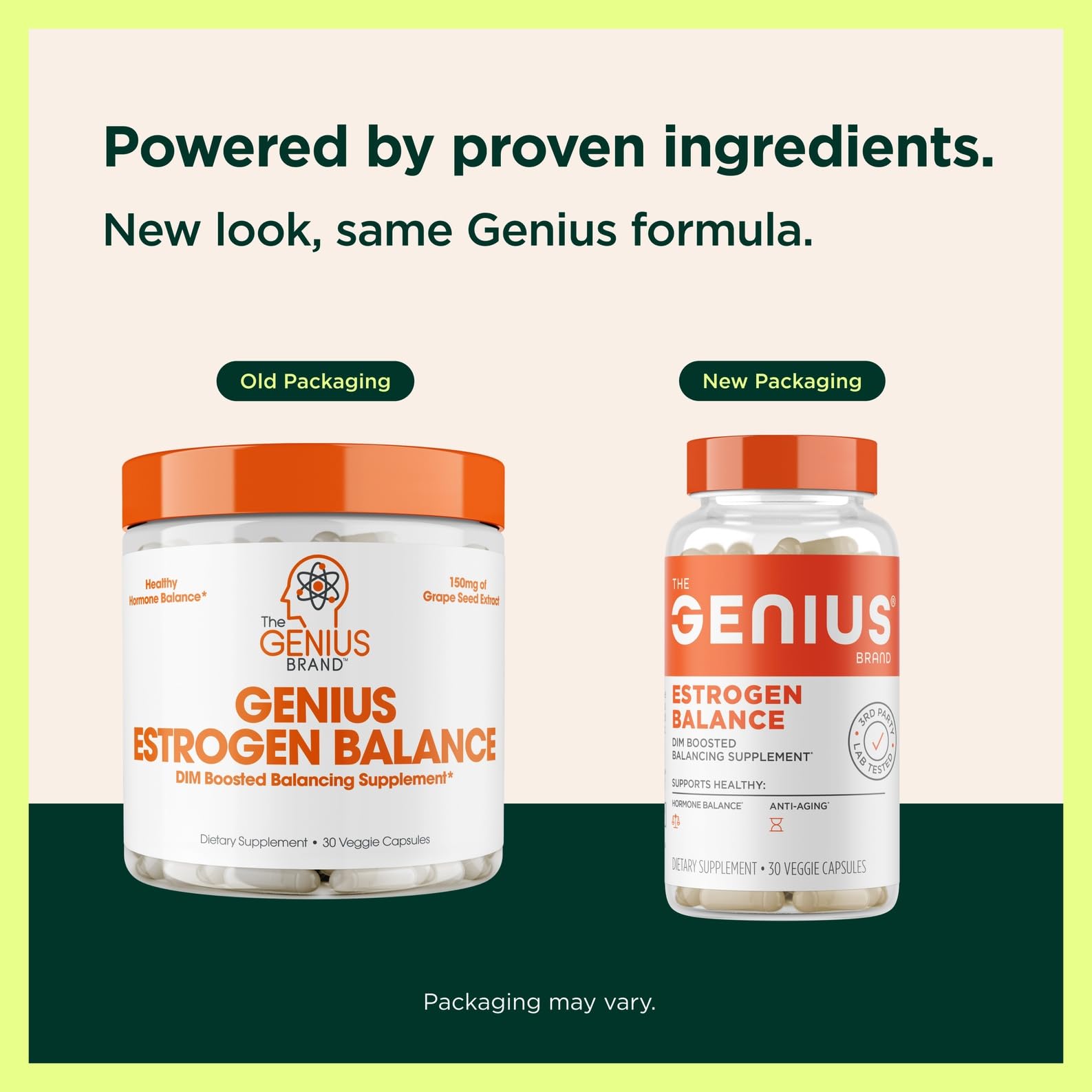 Genius Estrogen Balance capsules closeup showing DIM and natural ingredients