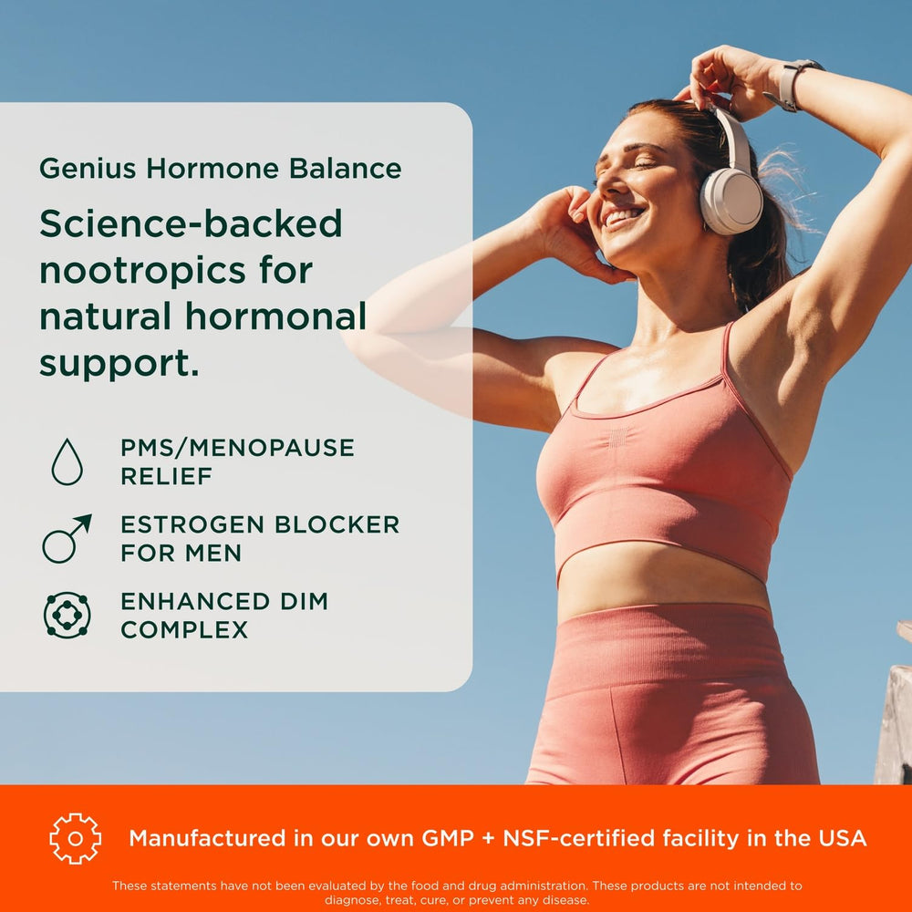 Genius Estrogen Balance label front highlighting vegan, USA-made formula