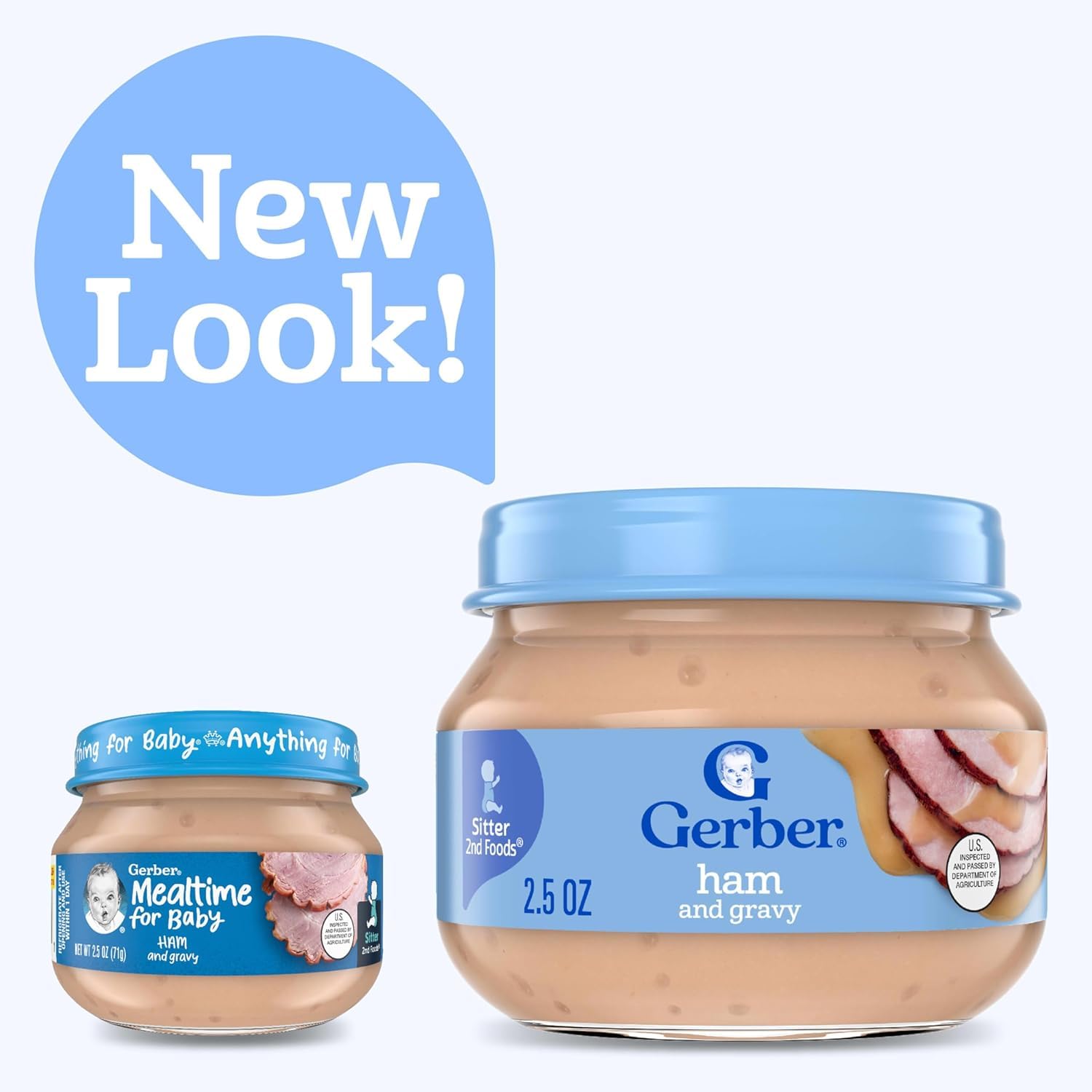 Gerber 2nd Foods ham-gravy jar on table with spoon-ready serving