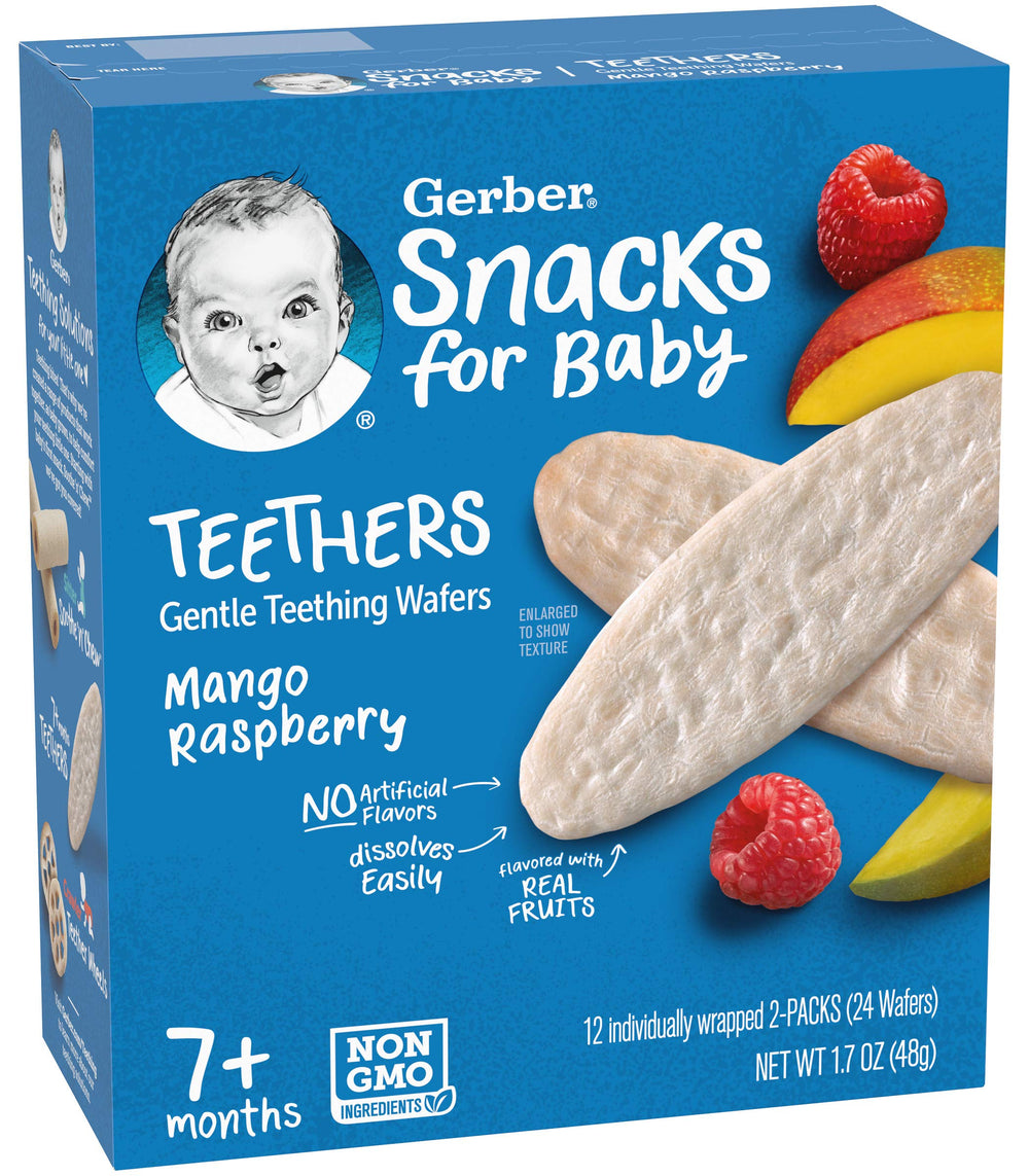 Gerber baby teething wafers hand-holding shot, soothing gums with real fruit flavor.