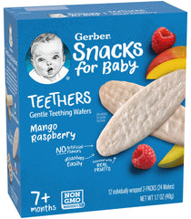 Gerber baby teething wafers hand-holding shot, soothing gums with real fruit flavor.