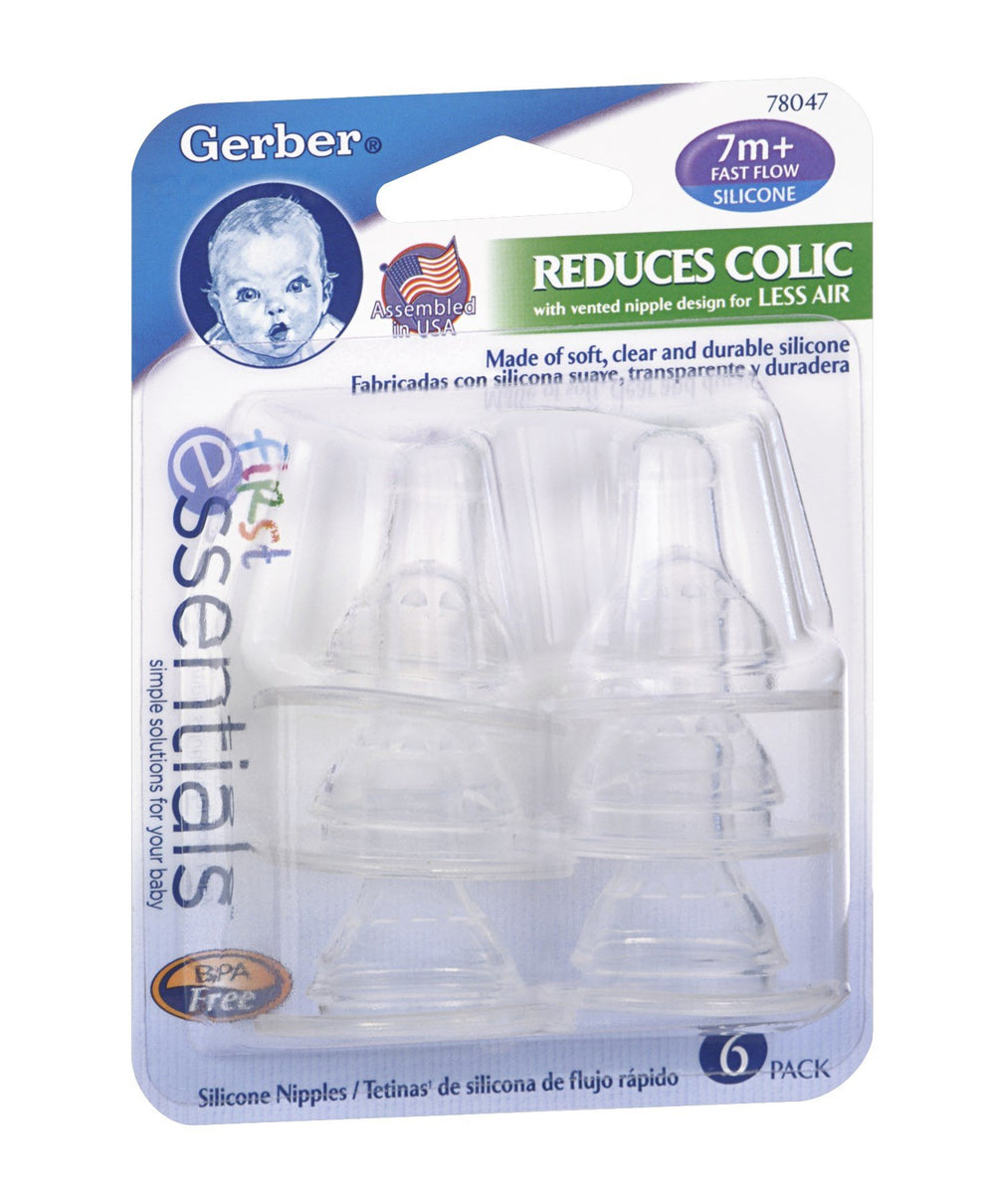 Gerber First Essential silicone nipples with fast flow fit standard bottles for quick feeding.