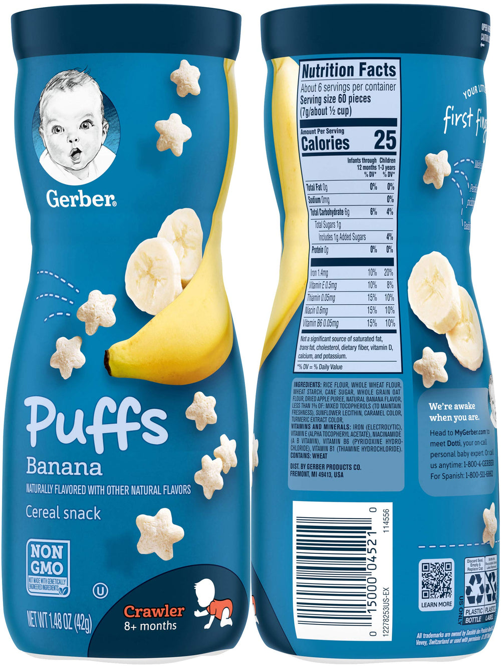 Gerber Graduates 4-pack 1.48 oz puffs, perfect for snacks anywhere.
