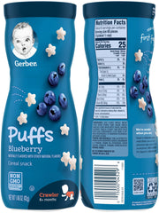 Gerber Graduates Blueberry puffs, fruity chewable texture ideal for early eaters.
