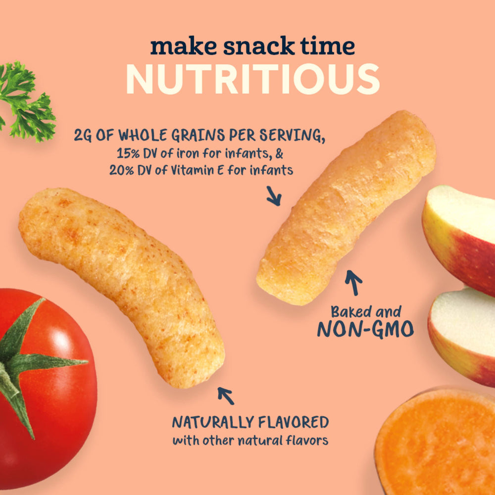 Gerber Lil' Crunchies packaging highlighting iron and vitamin E content.