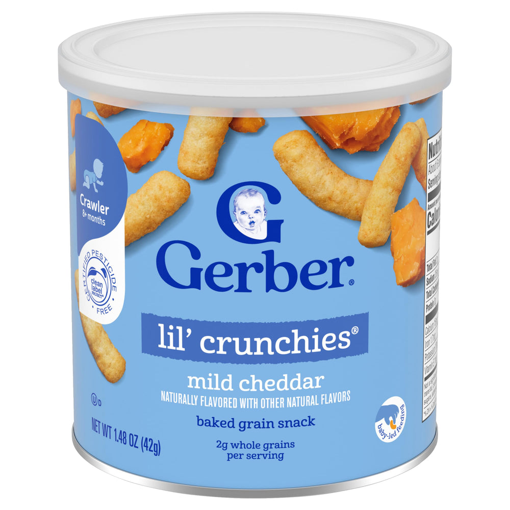 Gerber Lil' Crunchies Variety Pack canister with resealable lid for freshness.