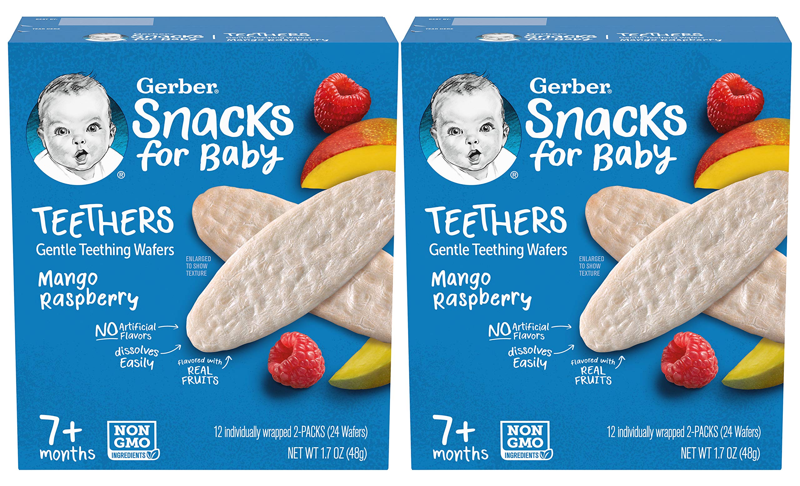 Gerber mango raspberry teething wafer close-up, easy dissolve for tiny hands.