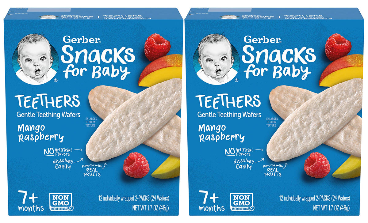 Gerber mango raspberry teething wafer close-up, easy dissolve for tiny hands.