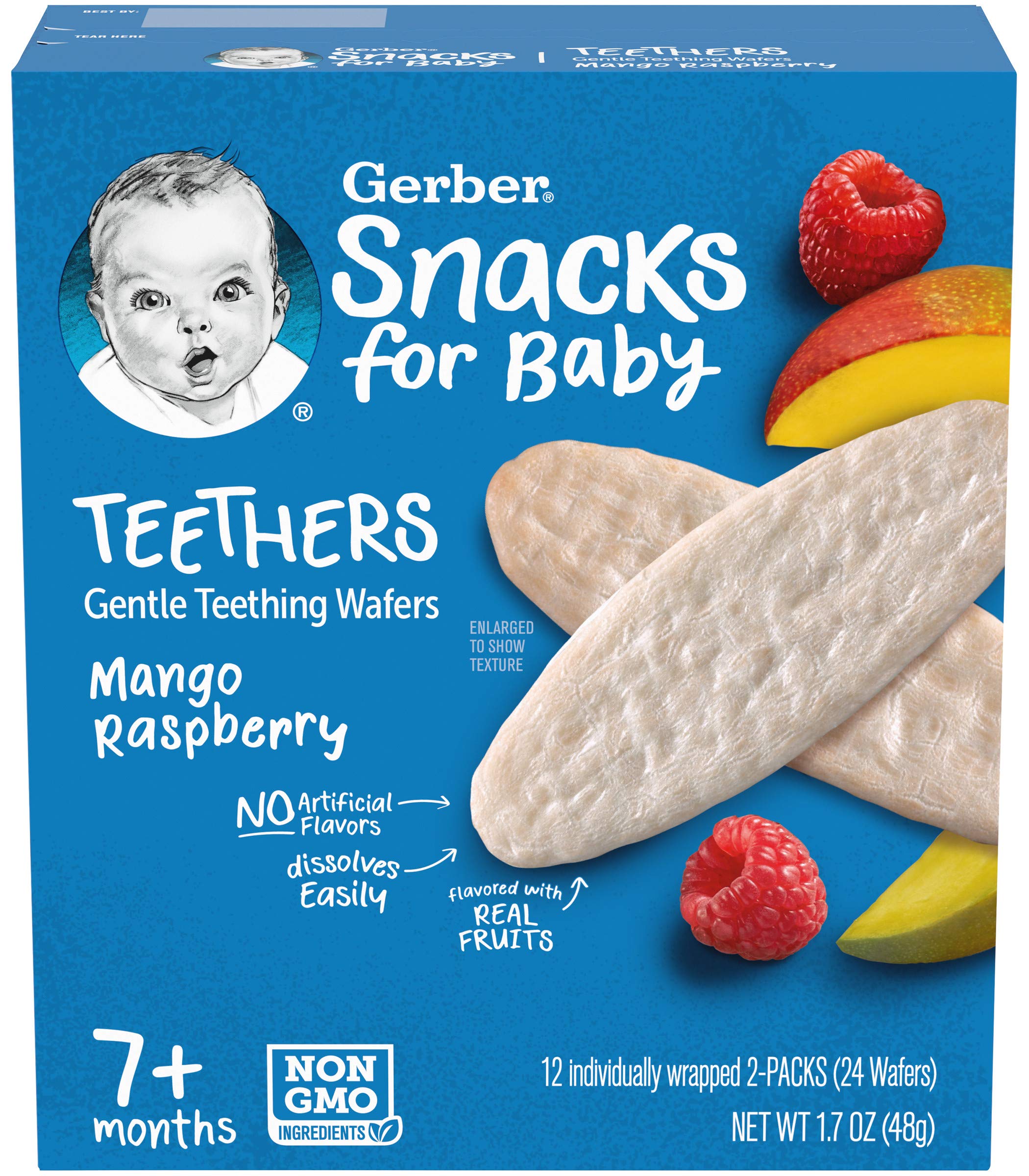 Gerber mango raspberry teething wafers packaging for two boxes and portability.