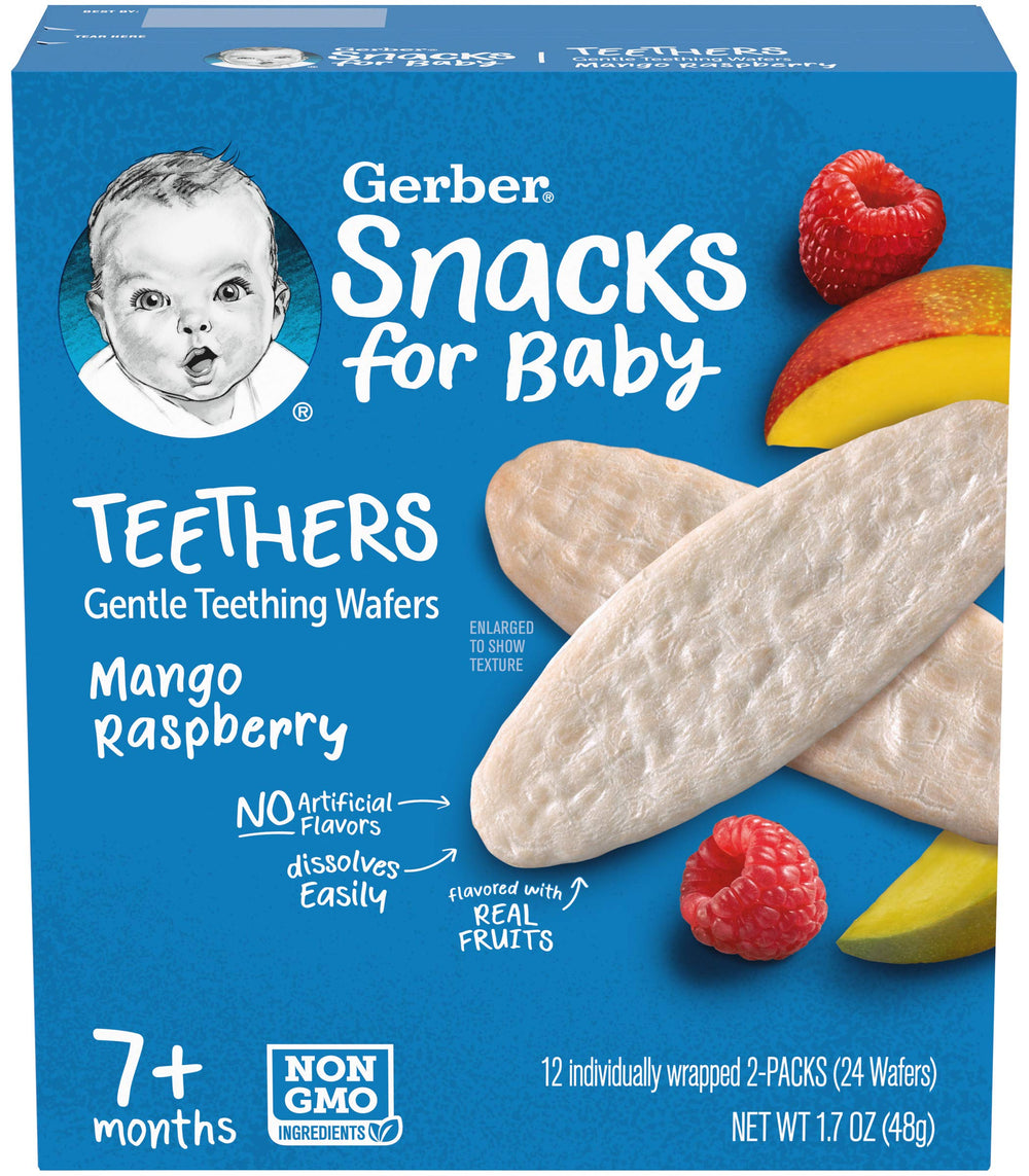 Gerber mango raspberry teething wafers packaging for two boxes and portability.