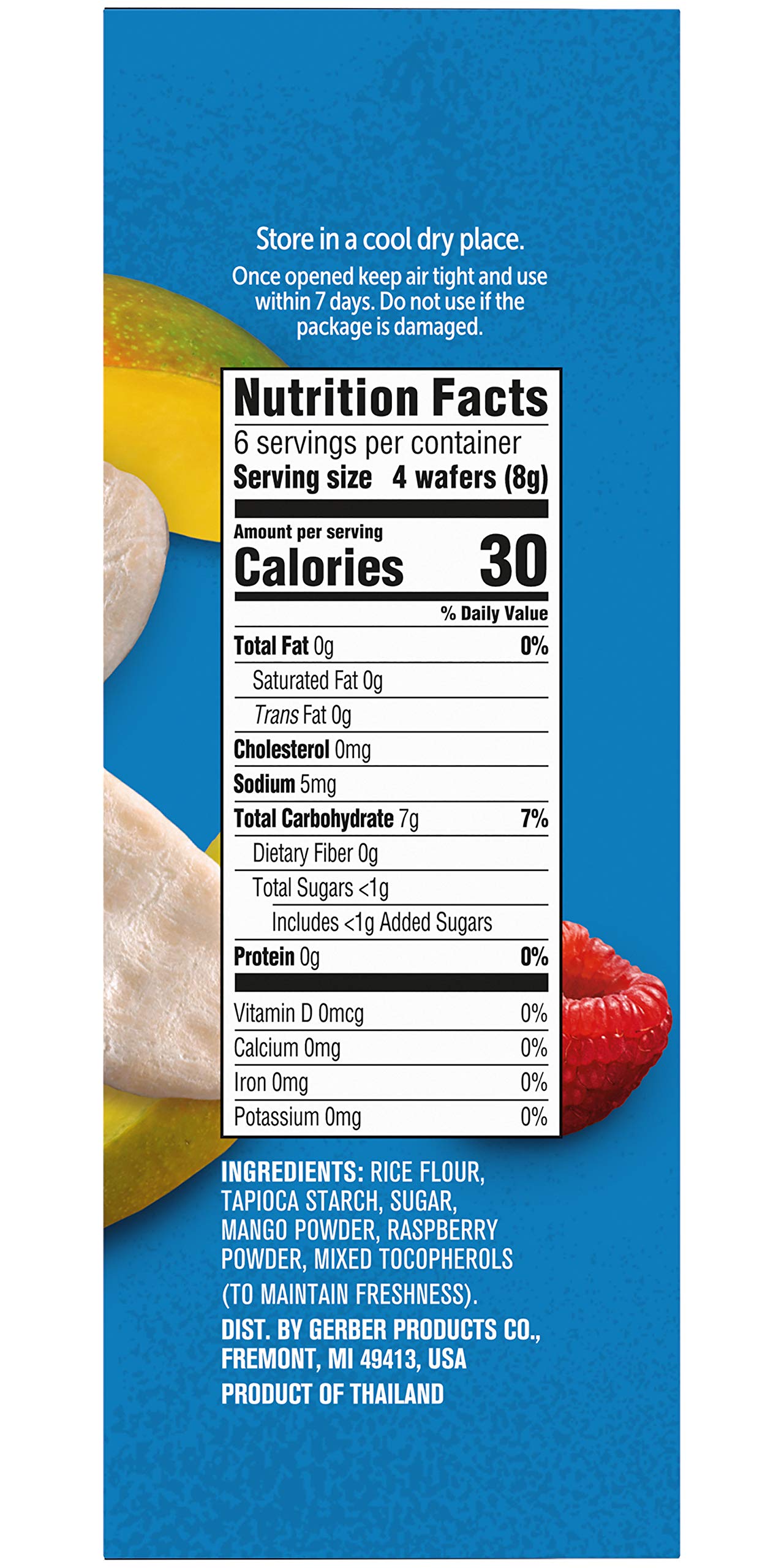 Gerber mango raspberry wafers with real fruit, non-GMO ingredients.