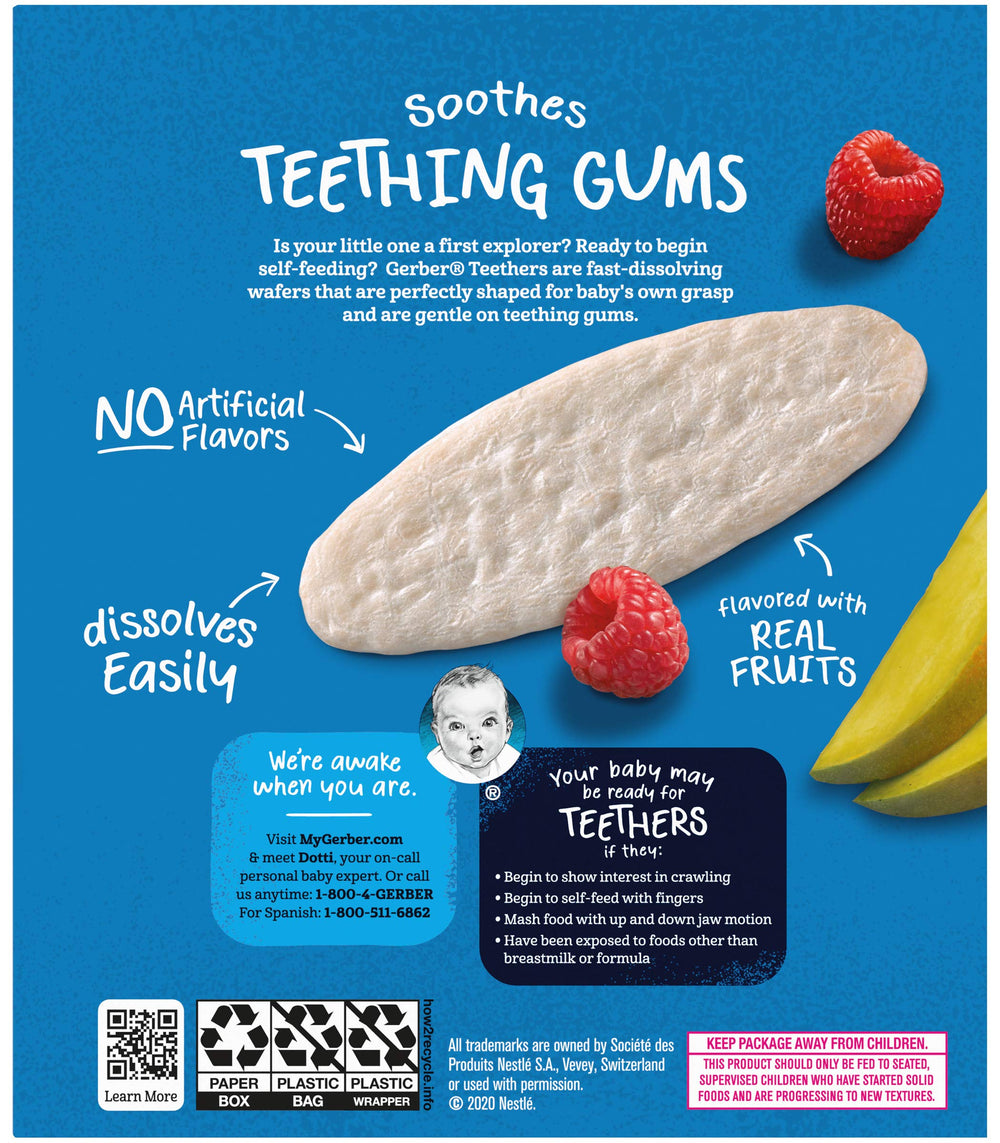 Gerber teething wafers dissolve easily, mess-minimizing chew time.