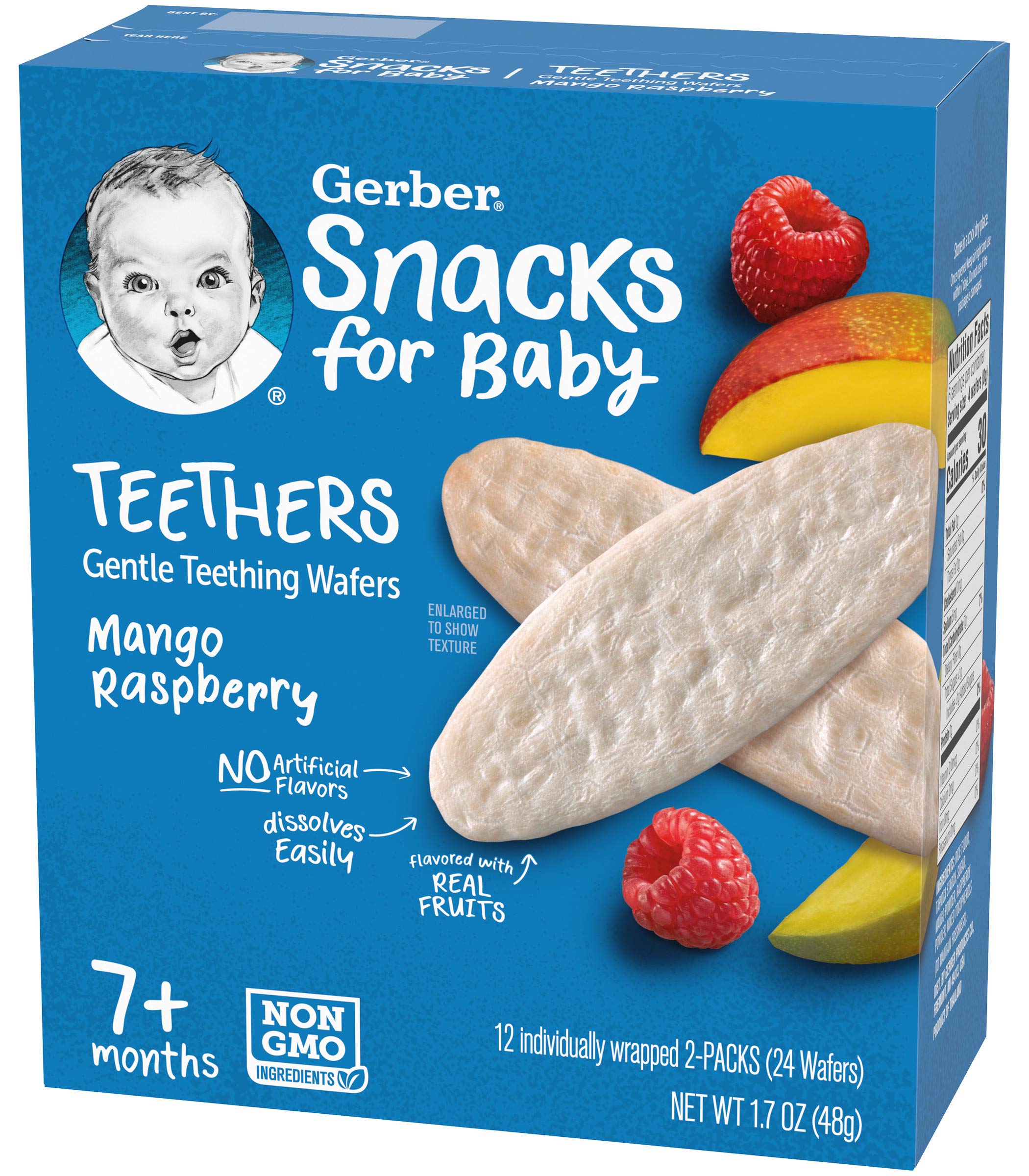Gerber teething wafers for small fingers, age-appropriate snack.